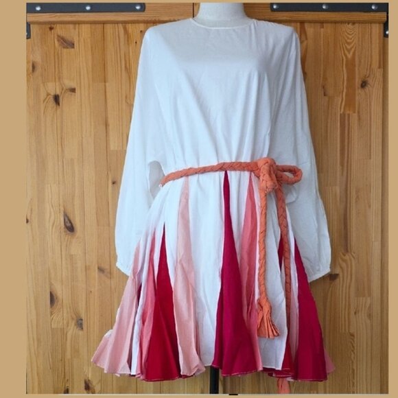 NEW $445 RHODE WHITE ELLA FLOWY COTTON MINI DRESS W/PINK & RED BLOCK HEM SIZE M - Picture 1 of 15